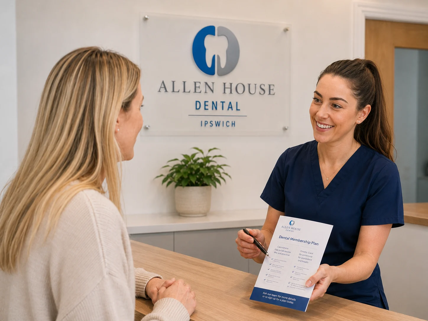 allen-house-dental-ipswich-reception-hero Allen House Dental Ipswich team member explaining a dental membership plan to a patien