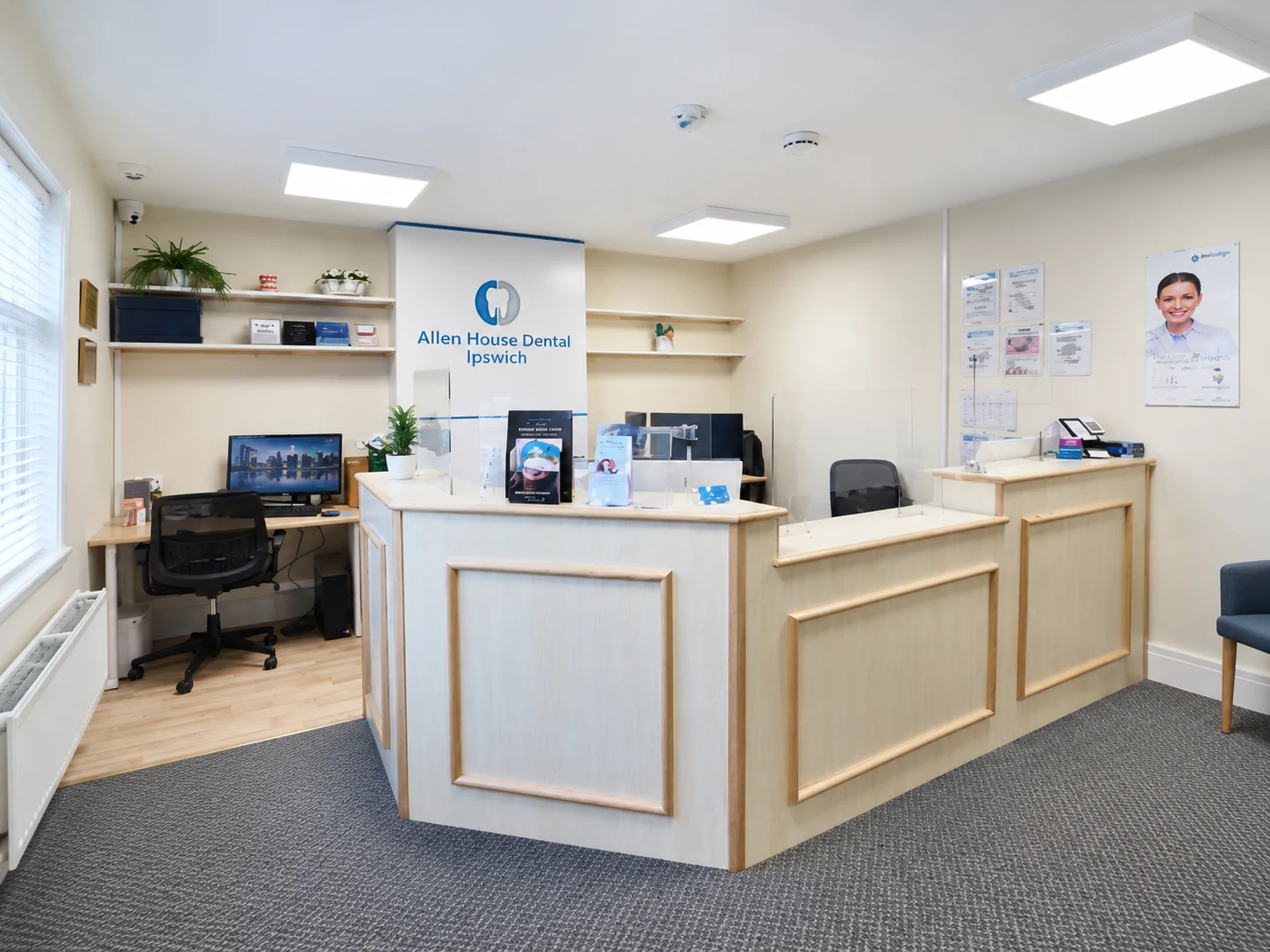 allen-house-dental-ipswich-reception Reception area at Allen House Dental Ipswich with the front desk and practice signage