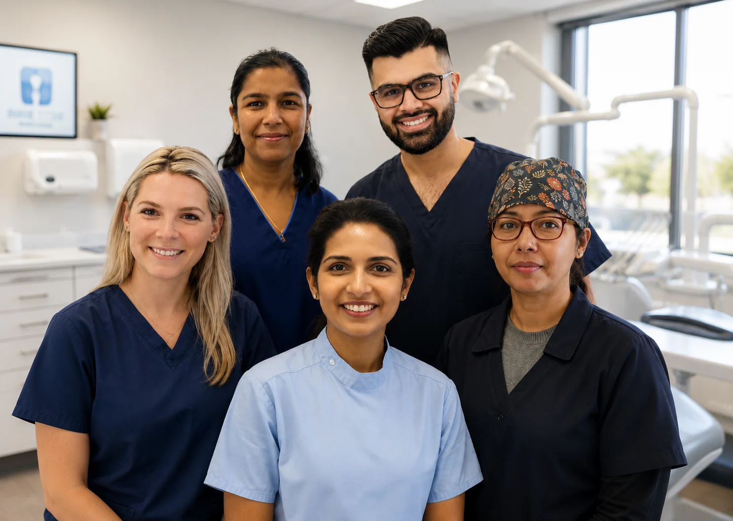 Five members of the Allen House Dental Ipswich team smiling in the dental practice