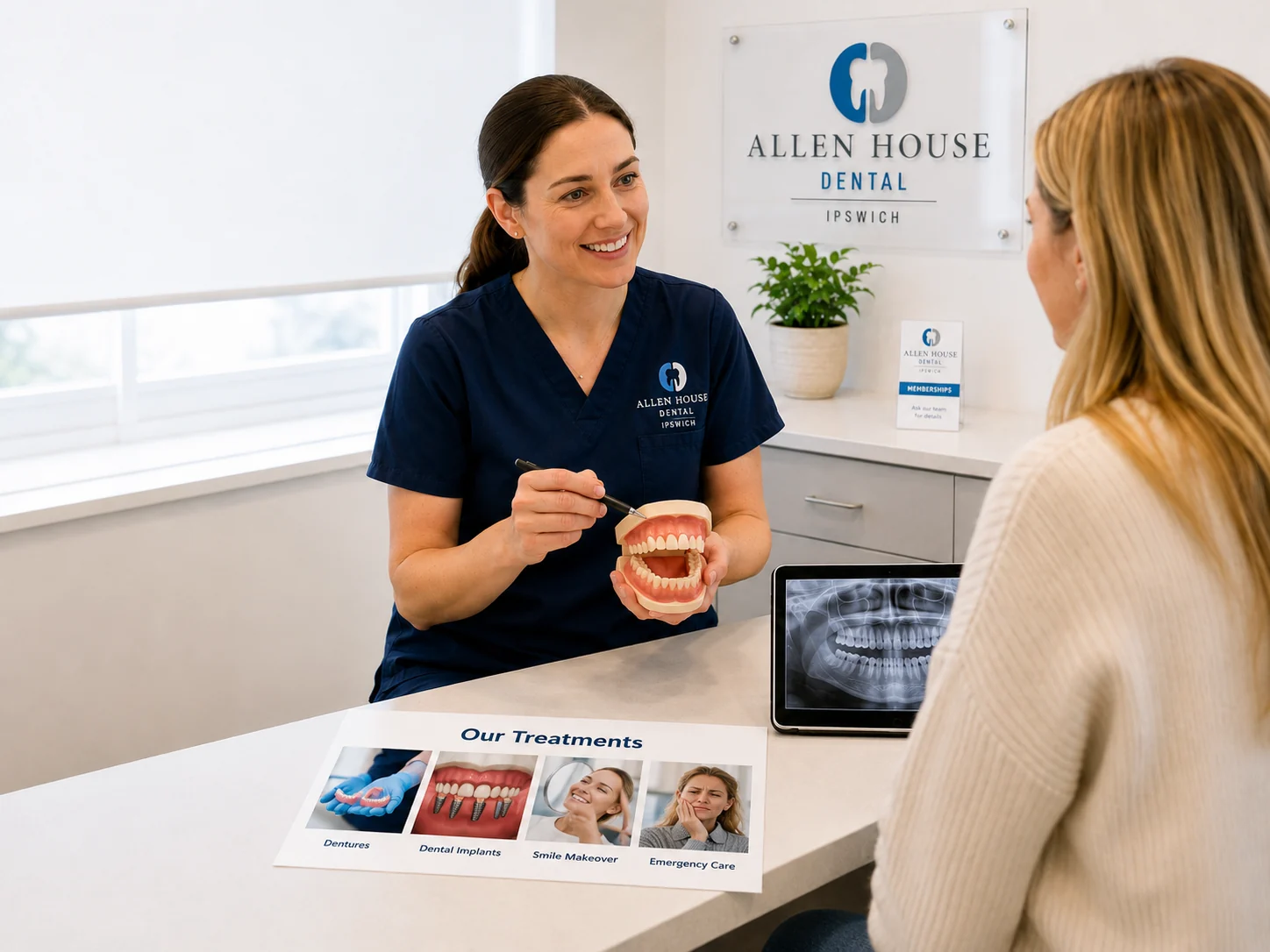 allen-house-dental-ipswich-treatments-consultation Dental hygienist cleaning a patient’s teeth during a hygiene appointment.
