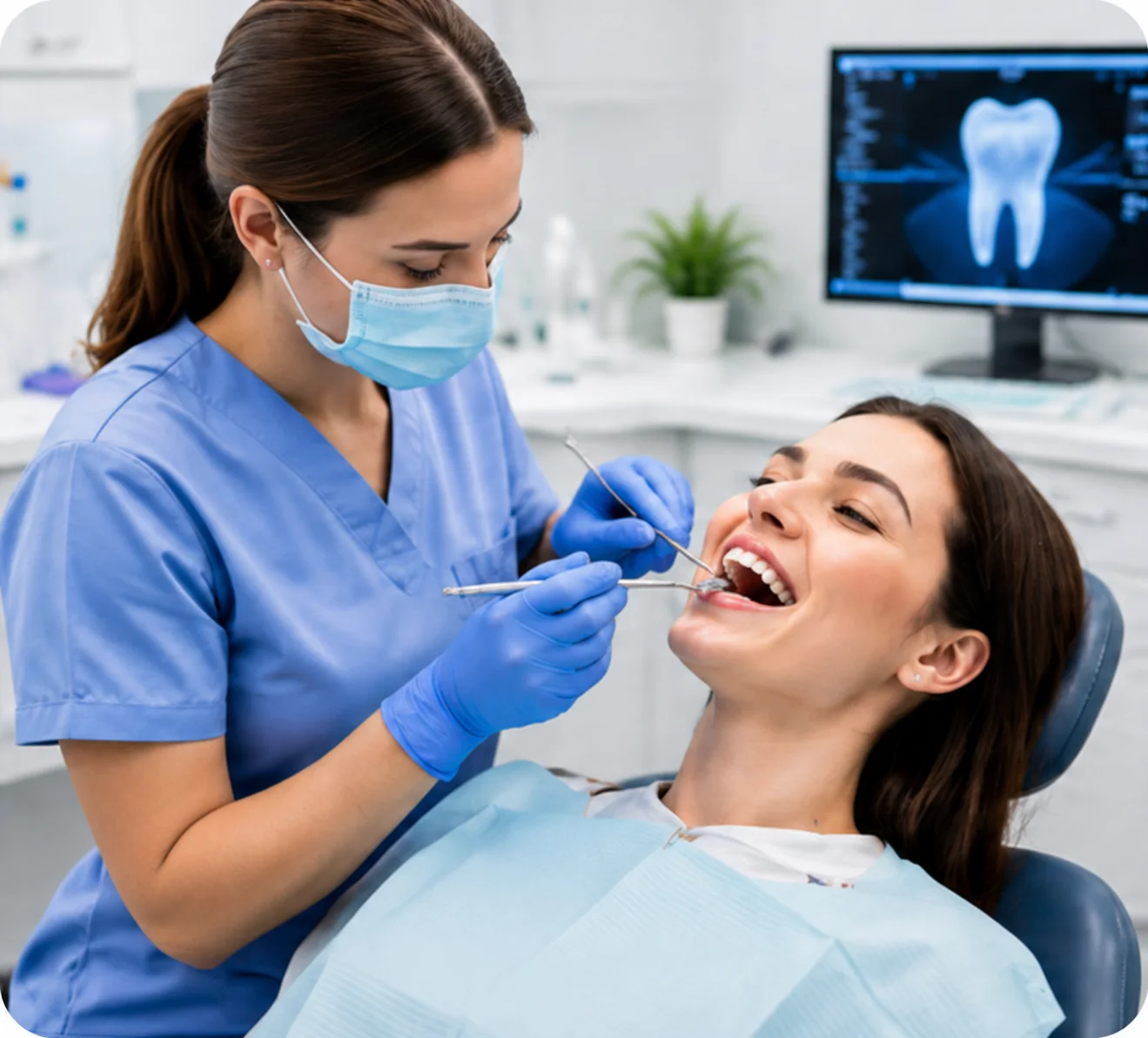 Dental hygienist cleaning a patient’s teeth during a hygiene appointment.