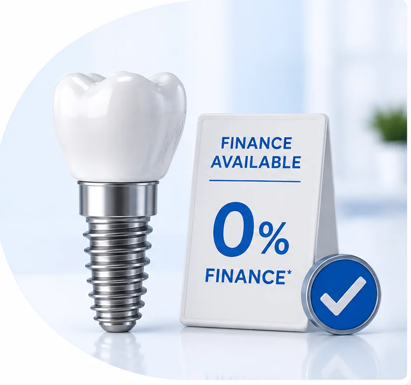 dental-implant-finance-options.webp : Dental implant beside a sign advertising 0% finance