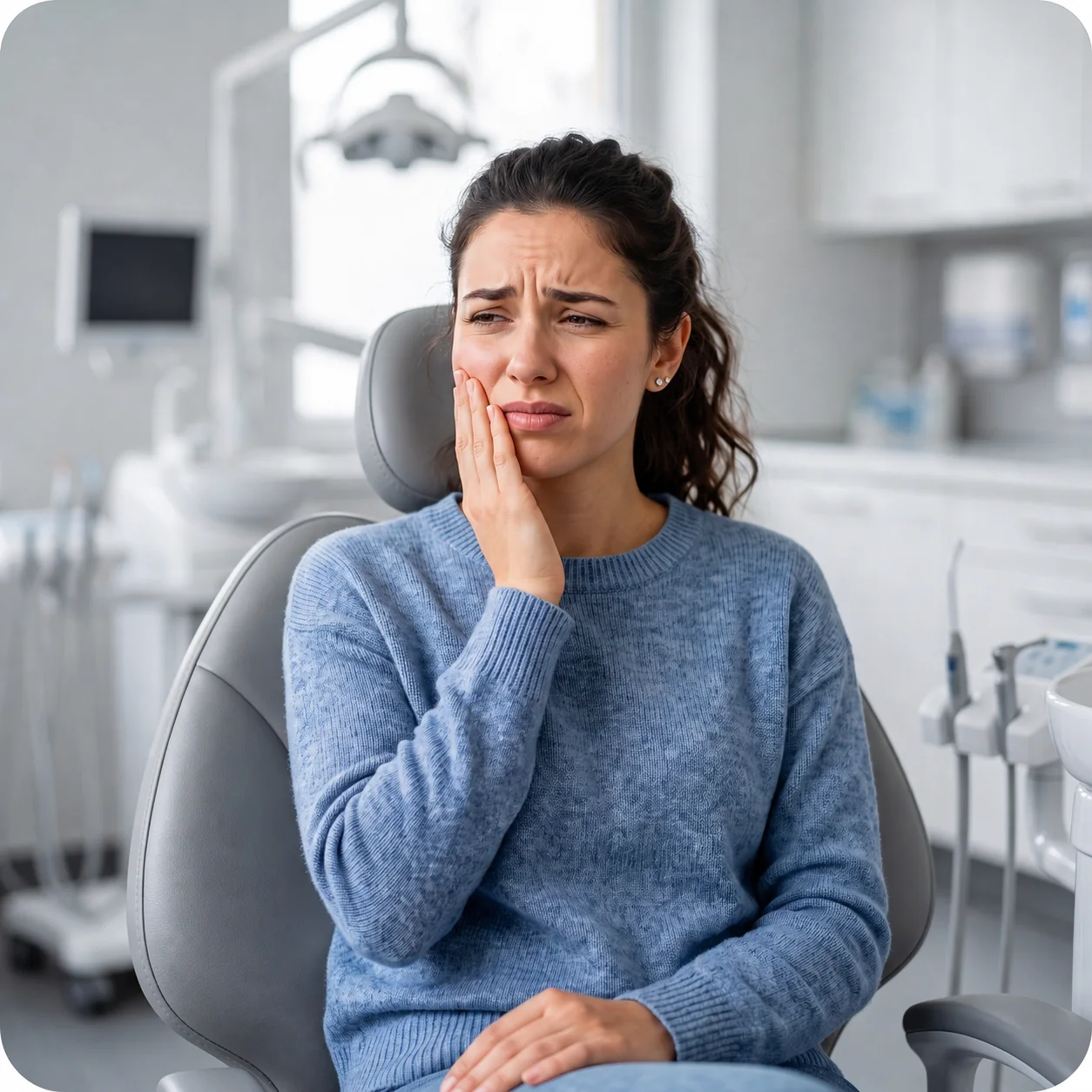 ipswich-emergency-dental-care-tooth-pain Patient holding her cheek because of toothache at an emergency dental appointment