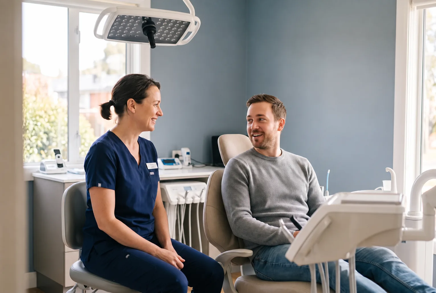 Dentist talking with a patient in the treatment room