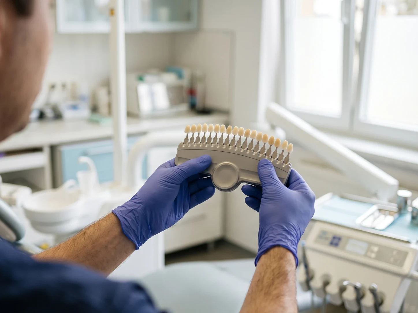 A dentist holding a dental shade guide used to match the colour of a tooth