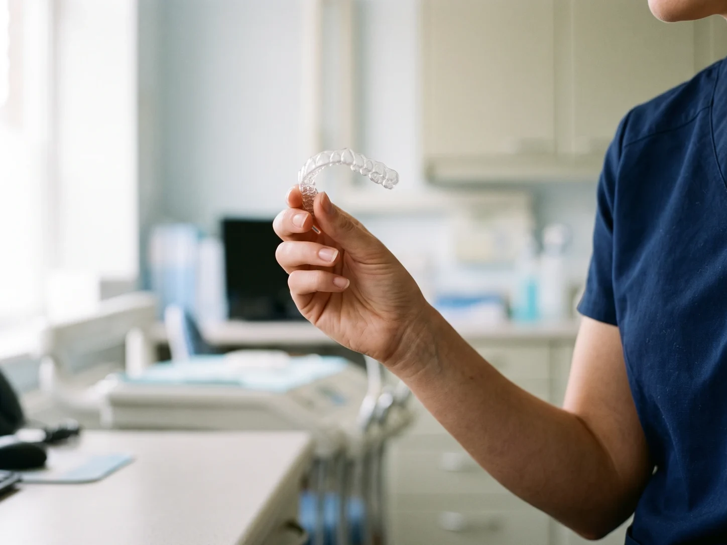 A clear aligner tray held up in a dental treatment room