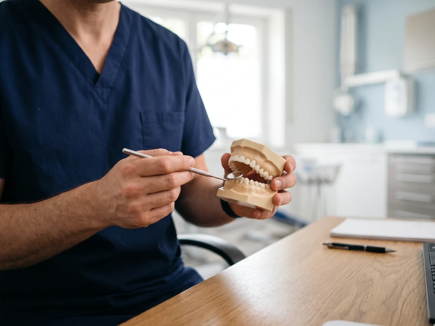 A dentist holding a dental model of the teeth, used to explain treatment options