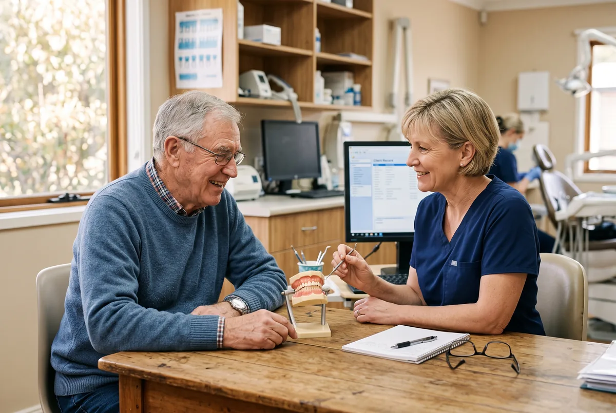 A dentist showing an older patient a denture model at Allen House Dental in Crewe