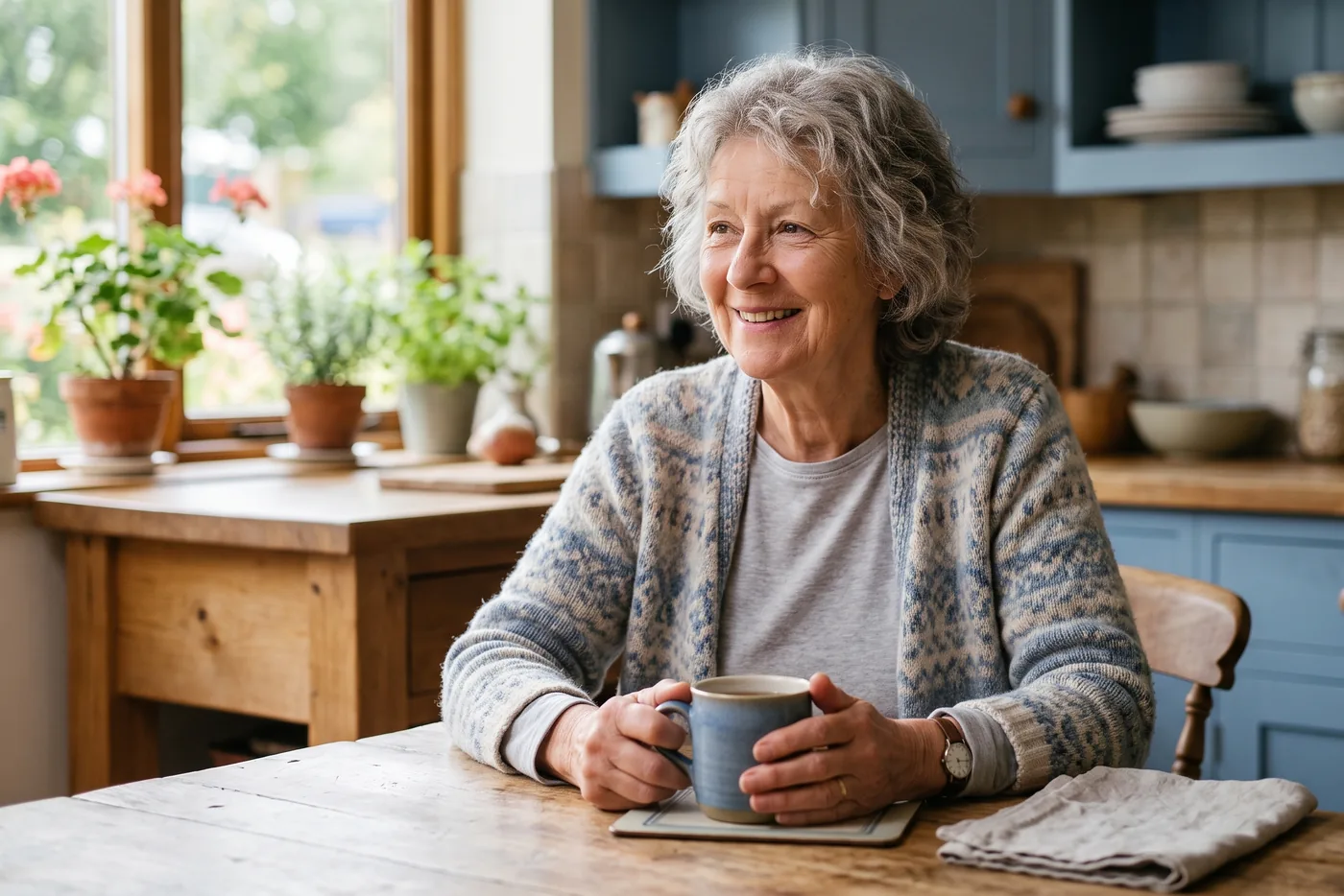 A woman in her sixties sitting with a mug of tea in her kitchen at home