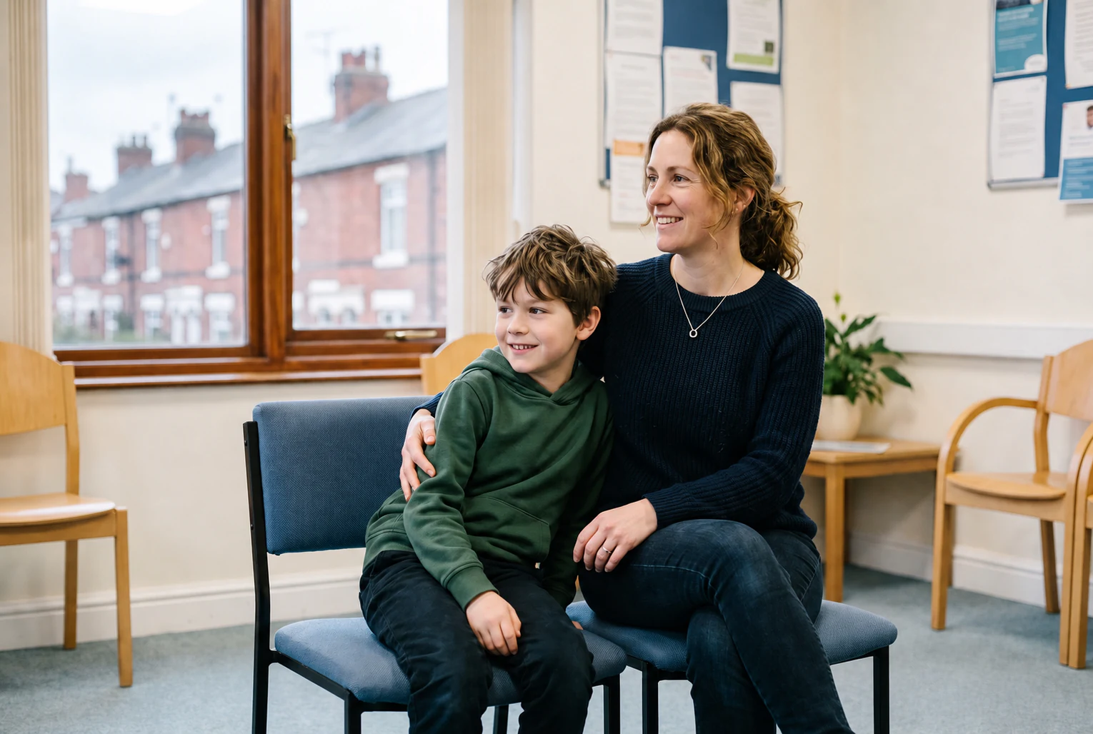 Parent and child in a dental waiting room