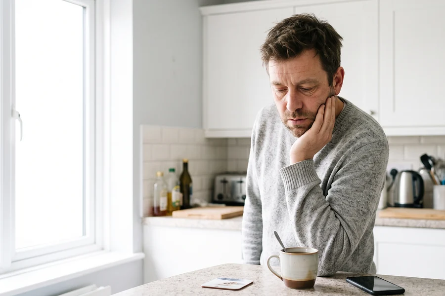 Man experiencing toothache at home
