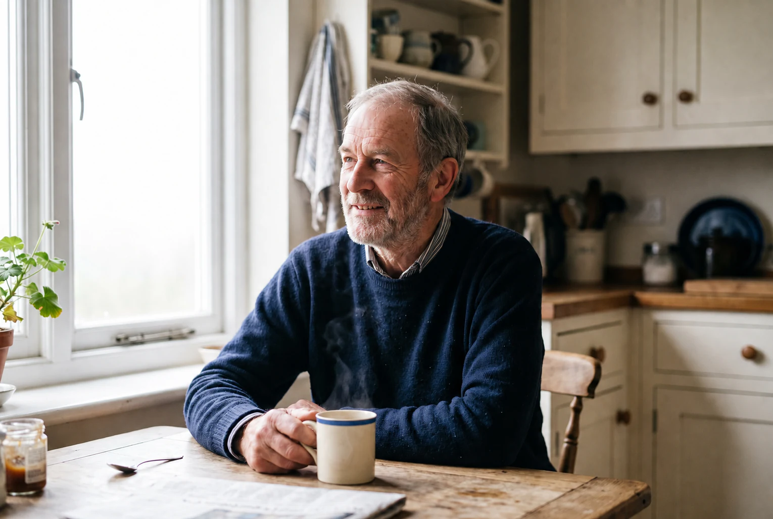 Man in his sixties at his kitchen table