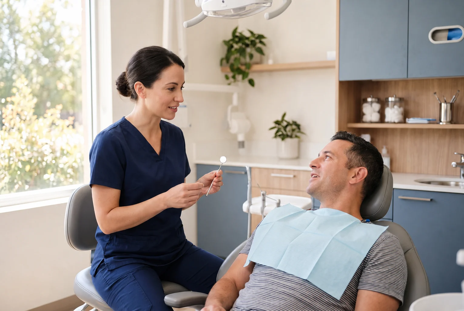 A dentist talking with a patient in the chair at Allen House Dental in Crewe