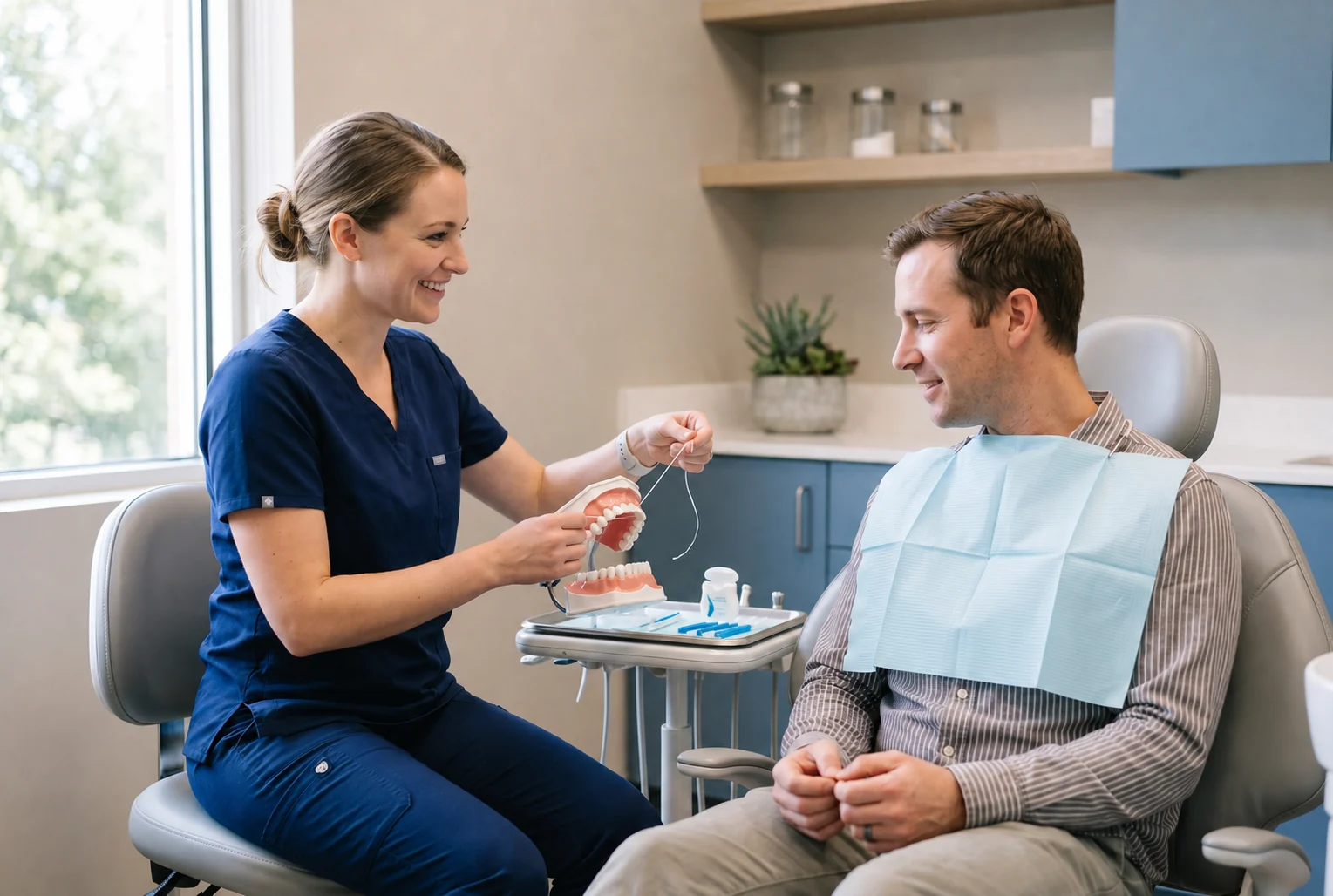 A hygienist showing a patient how to clean between their teeth at Allen House Dental in Crewe