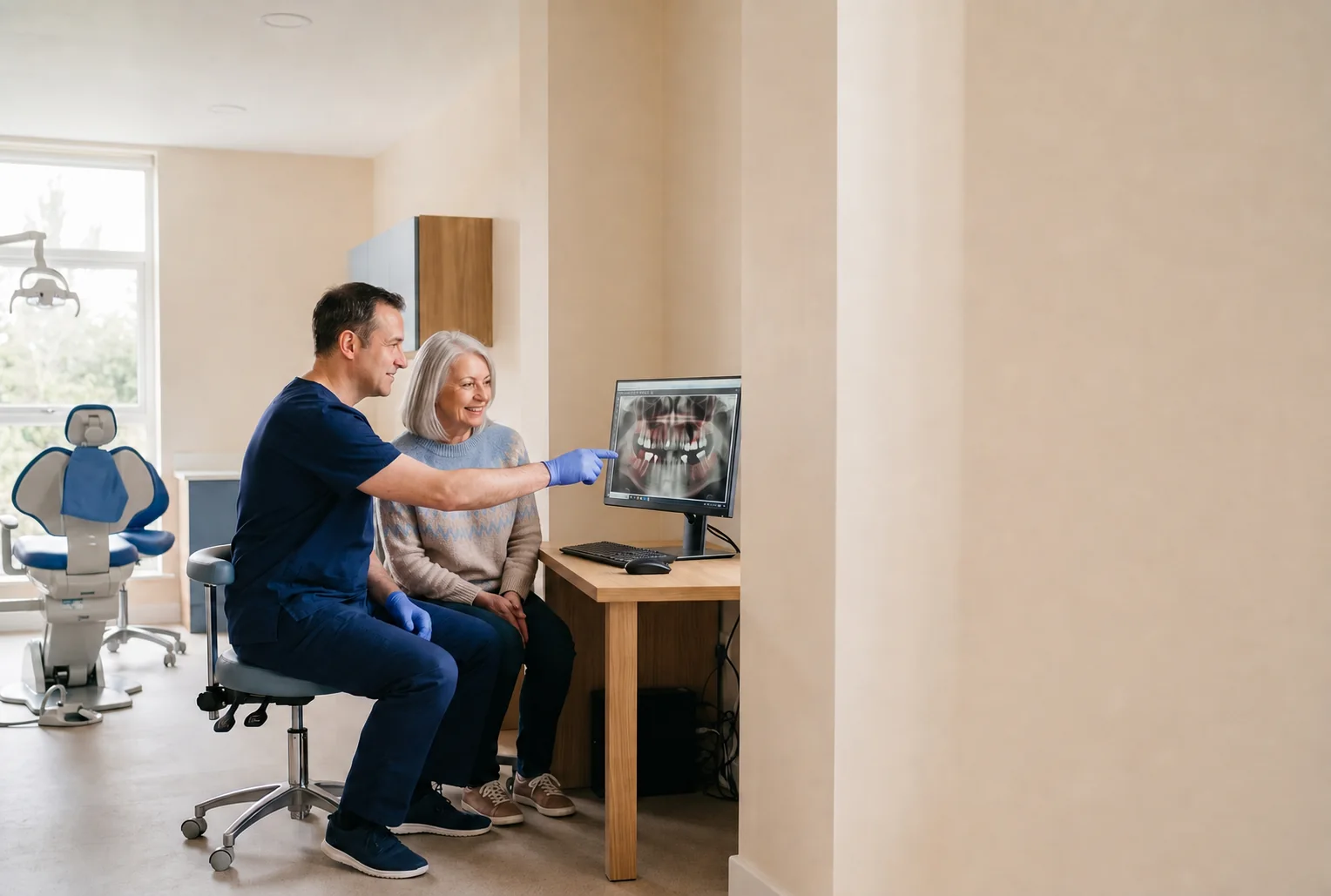 An implant dentist and a patient looking at a dental scan together at Allen House Dental in Crewe