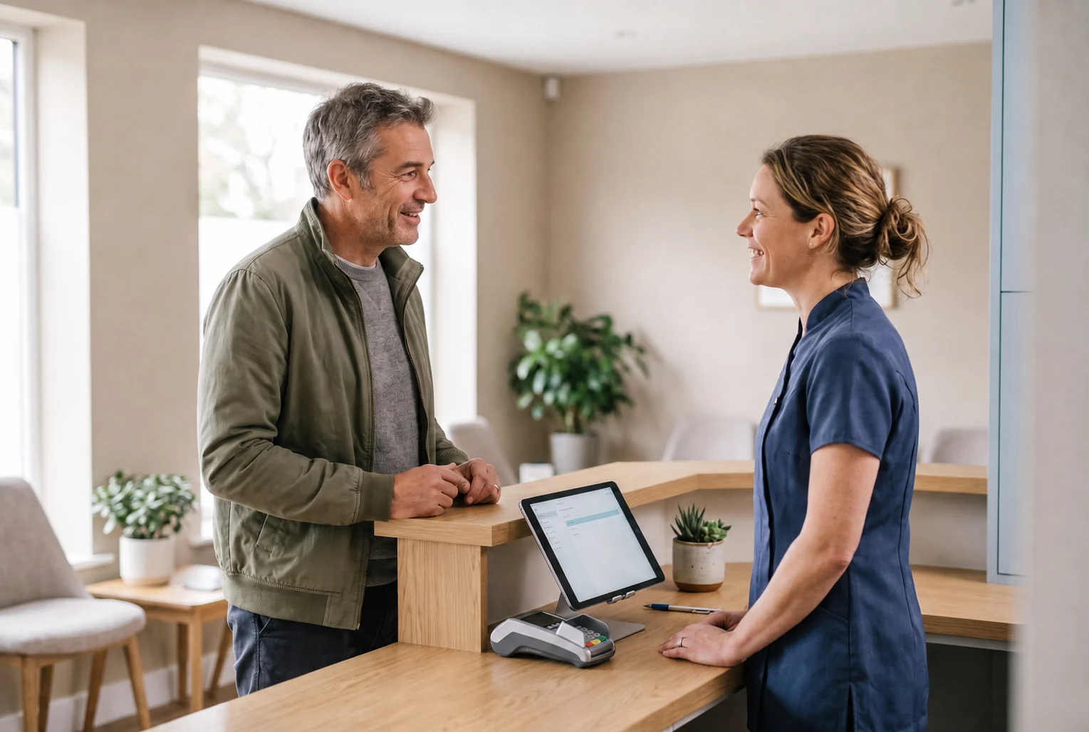 A patient talking with a receptionist at the front desk of Allen House Dental in Crewe