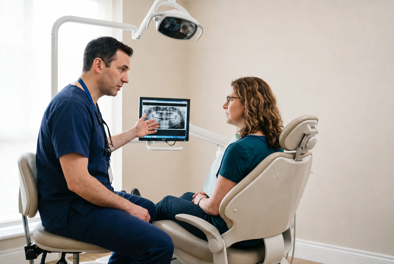 Dentist discussing a dental X-ray with a patient