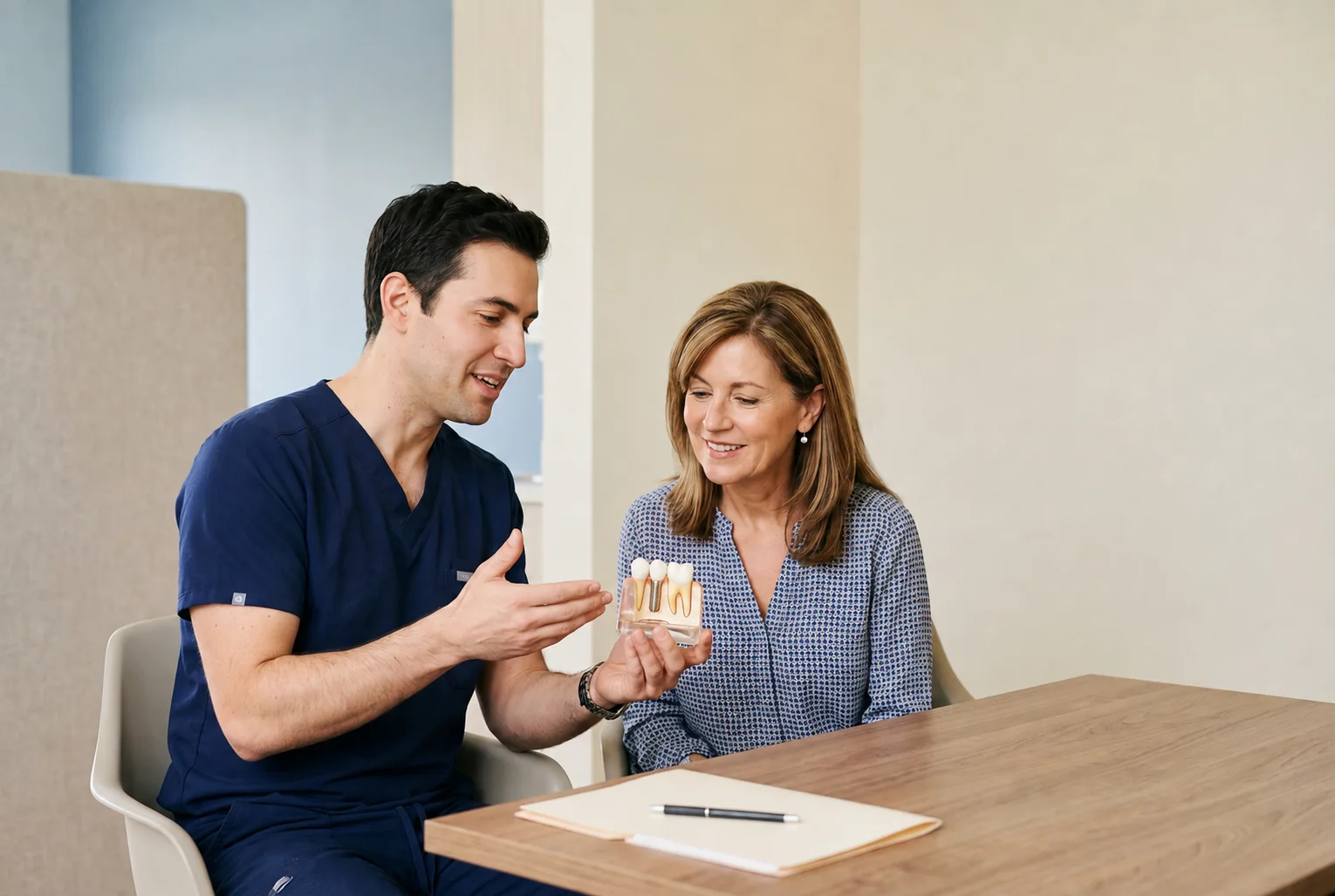 Dentist showing a patient a dental implant model during a consultation
