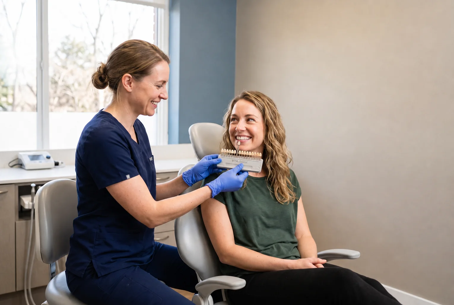A dentist holding a tooth shade guide beside a patient&rsquo;s teeth at Allen House Dental in Crewe